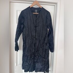 Eileen Fisher Crinkle Black Sheen Overcoat Jacket Snap Front Metallic Size M